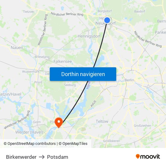 Birkenwerder to Potsdam map