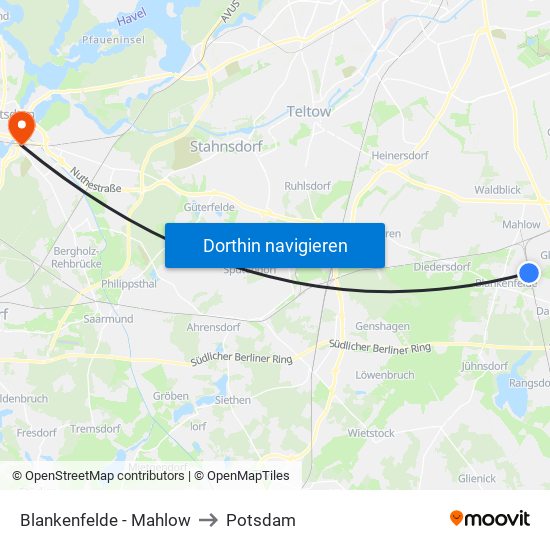 Blankenfelde - Mahlow to Potsdam map