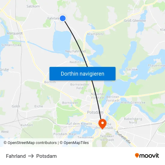 Fahrland to Potsdam map