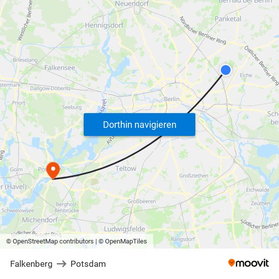Falkenberg to Potsdam map