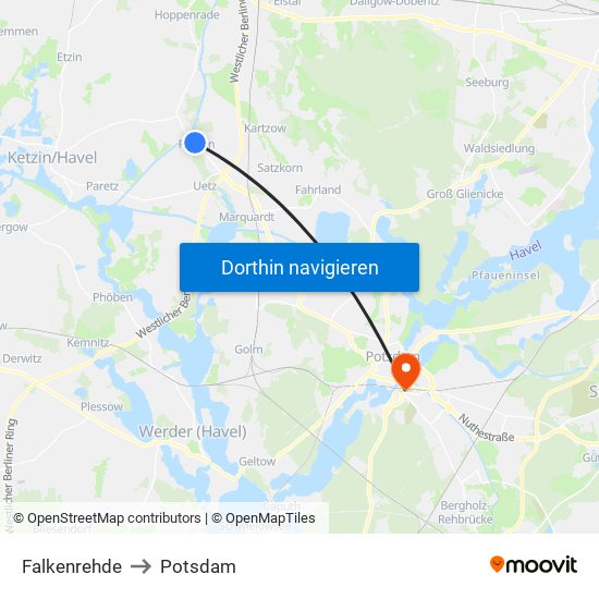 Falkenrehde to Potsdam map