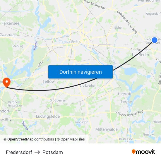 Fredersdorf to Potsdam map