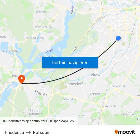 Friedenau to Potsdam map