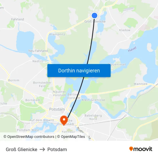 Groß Glienicke to Potsdam map