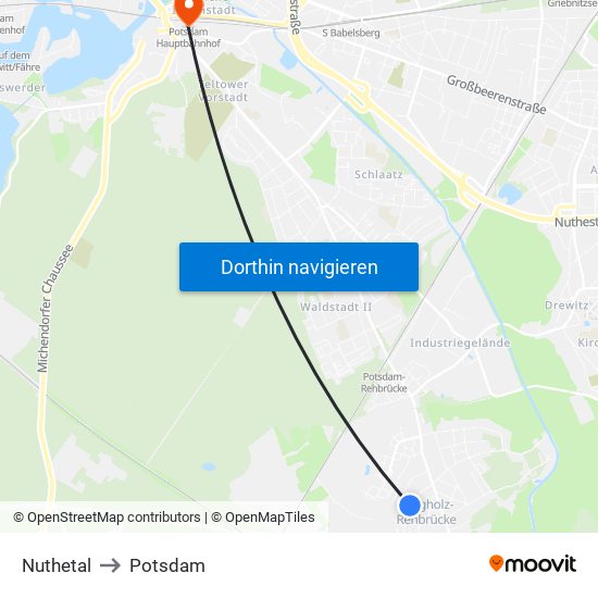 Nuthetal to Potsdam map