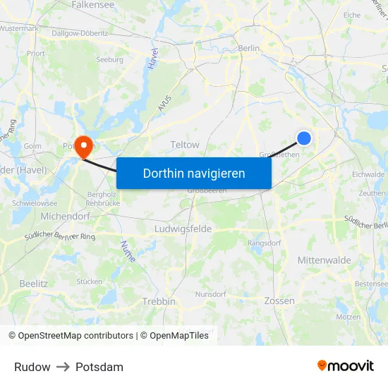 Rudow to Potsdam map