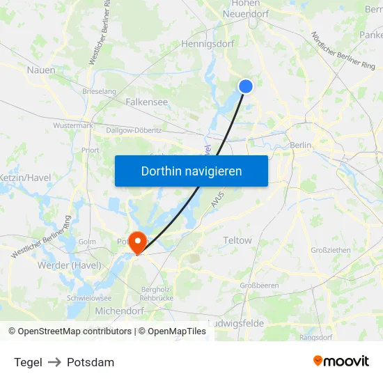 Tegel to Potsdam map