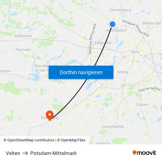 Velten to Potsdam-Mittelmark map