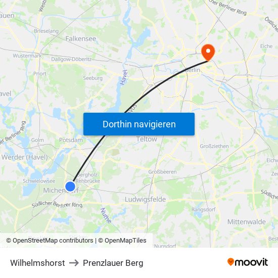 Wilhelmshorst to Prenzlauer Berg map