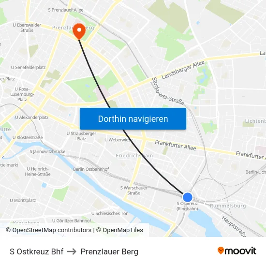 S Ostkreuz Bhf to Prenzlauer Berg map