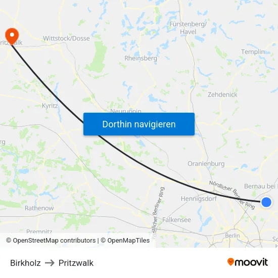 Birkholz to Pritzwalk map