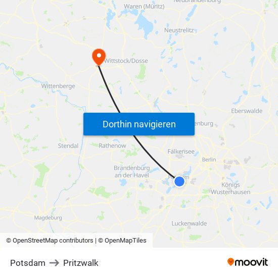 Potsdam to Pritzwalk map