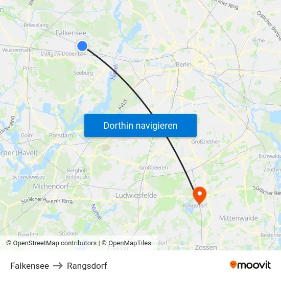 Falkensee to Rangsdorf map