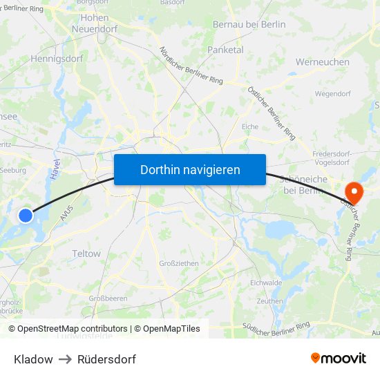 Kladow to Rüdersdorf map