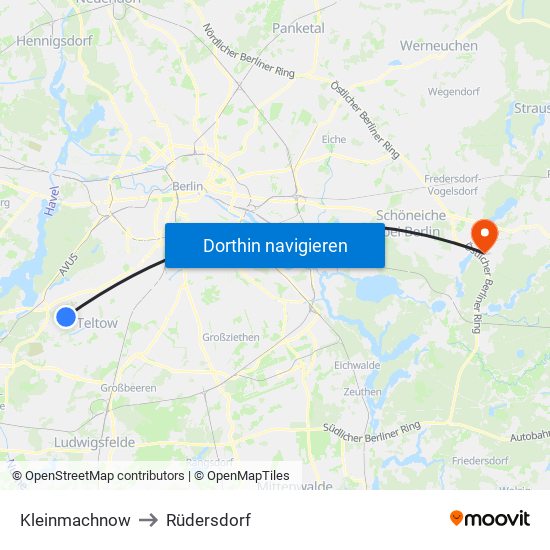 Kleinmachnow to Rüdersdorf map