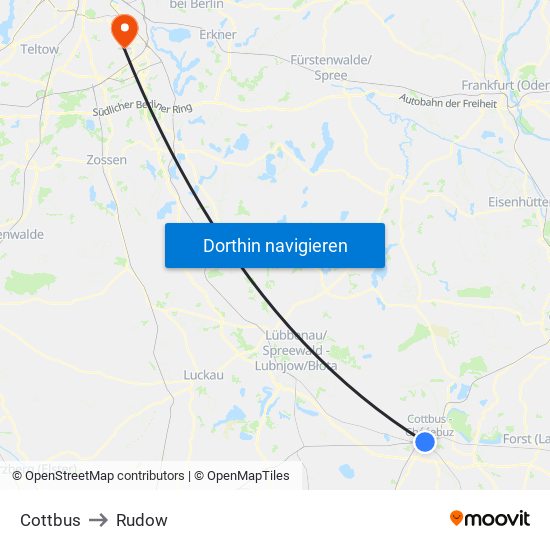 Cottbus to Rudow map
