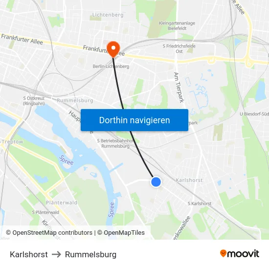 Karlshorst to Rummelsburg map
