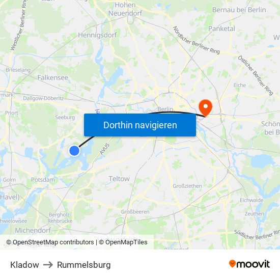 Kladow to Rummelsburg map