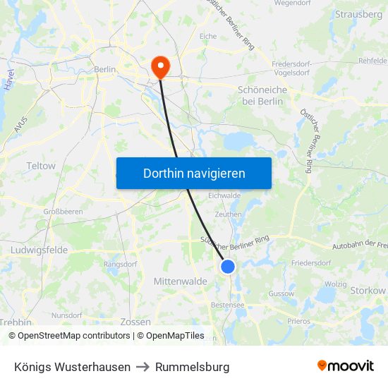 Königs Wusterhausen to Rummelsburg map