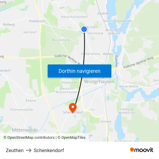 Zeuthen to Schenkendorf map
