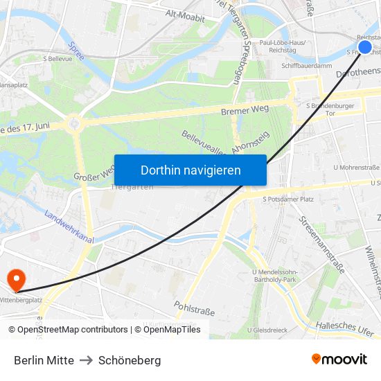 Berlin Mitte to Schöneberg map