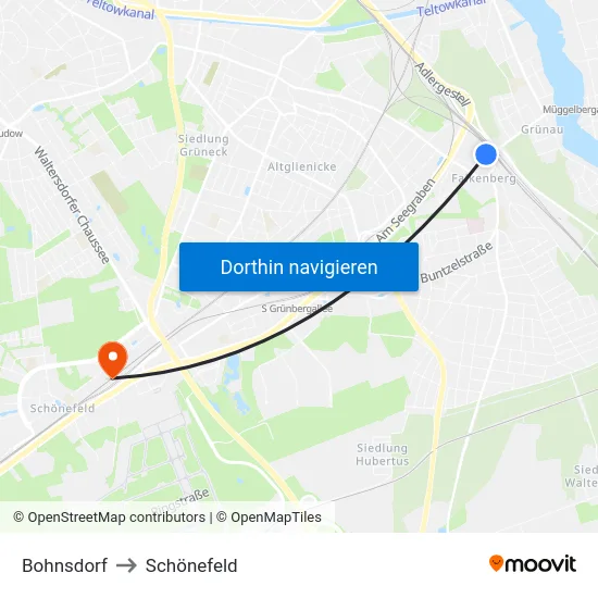 Bohnsdorf to Schönefeld map