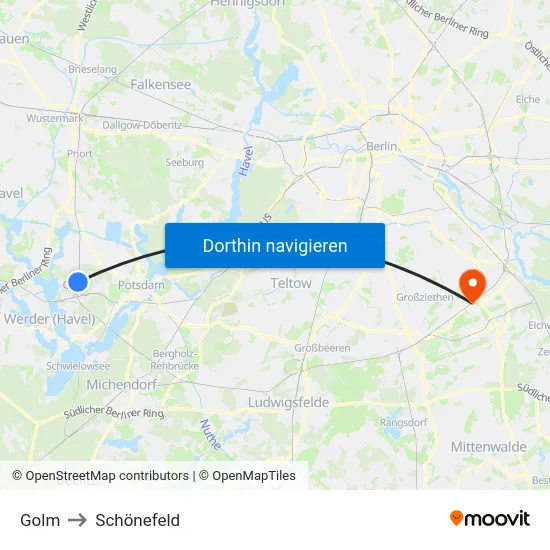 Golm to Schönefeld map