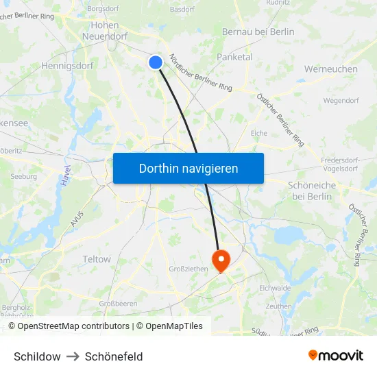 Schildow to Schönefeld map