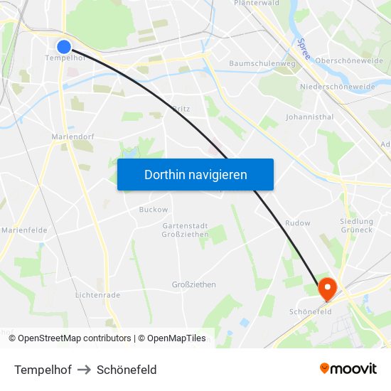 Tempelhof to Schönefeld map