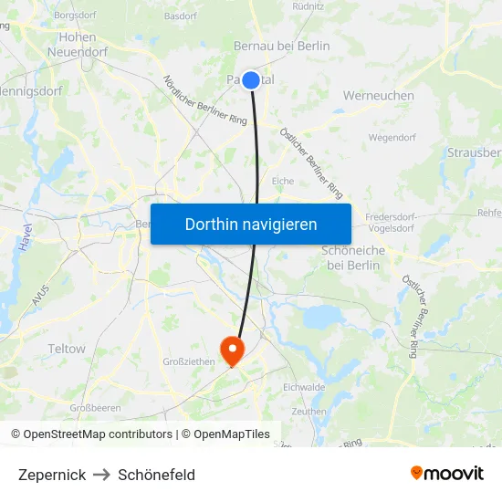 Zepernick to Schönefeld map