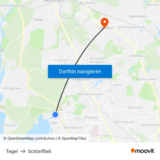 Tegel to Schönfließ map