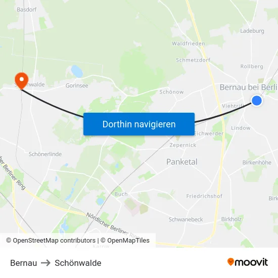 Bernau to Schönwalde map