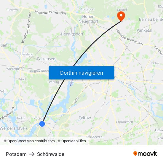 Potsdam to Schönwalde map