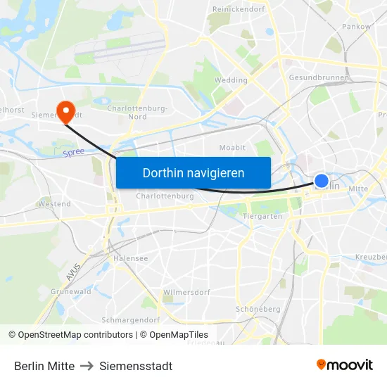 Berlin Mitte to Siemensstadt map