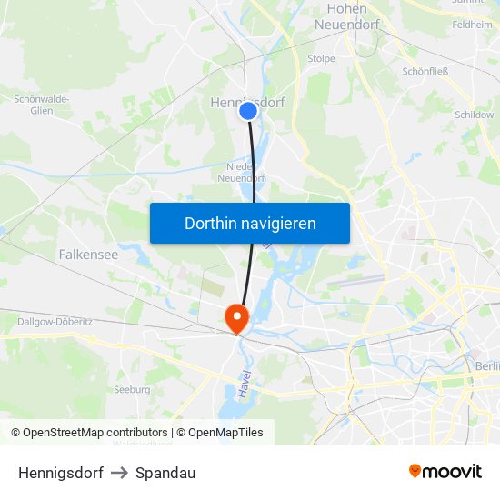 Hennigsdorf to Spandau map
