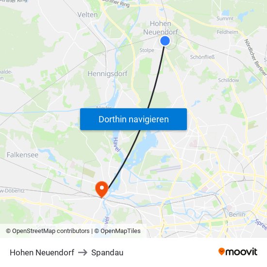 Hohen Neuendorf to Spandau map