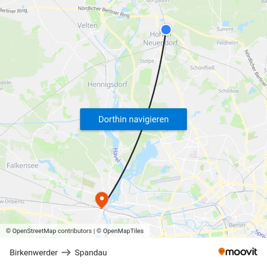 Birkenwerder to Spandau map