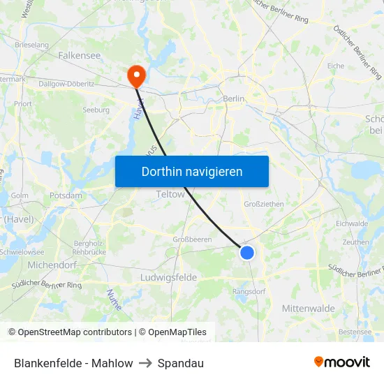 Blankenfelde - Mahlow to Spandau map