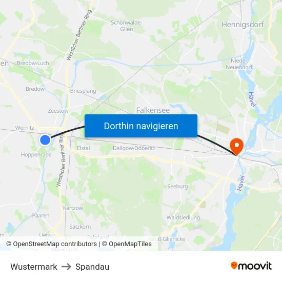 Wustermark to Spandau map