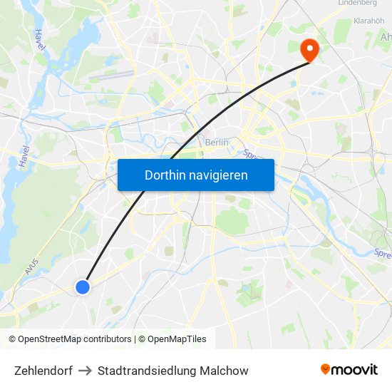 Zehlendorf to Stadtrandsiedlung Malchow map