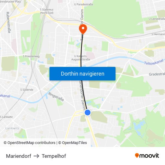 Mariendorf to Tempelhof map