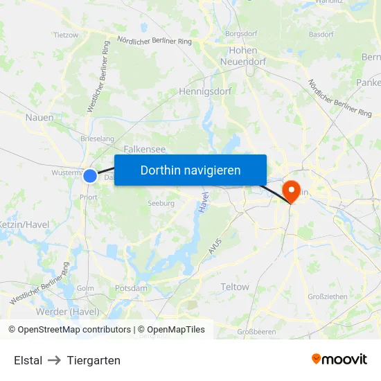 Elstal to Tiergarten map