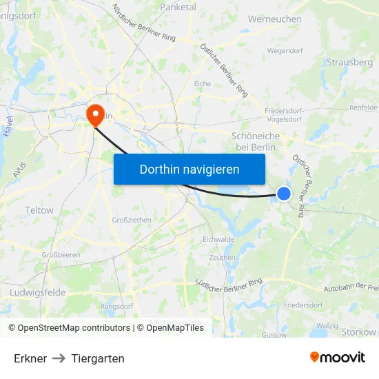 Erkner to Tiergarten map