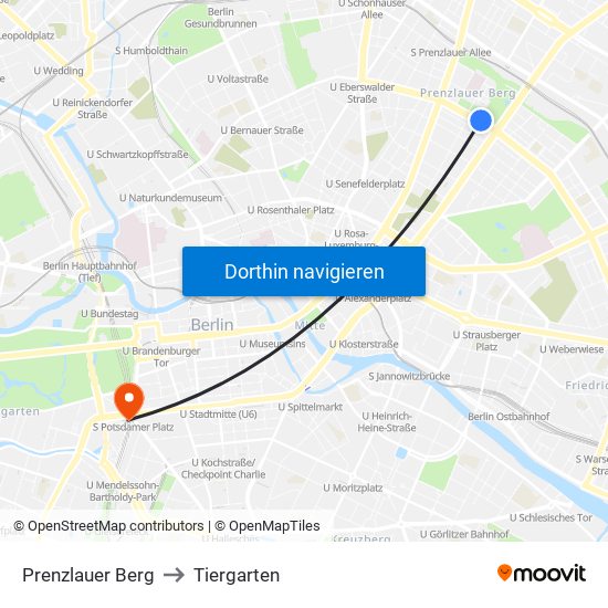 Prenzlauer Berg to Tiergarten map