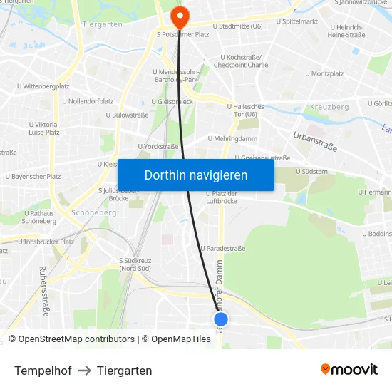 Tempelhof to Tiergarten map