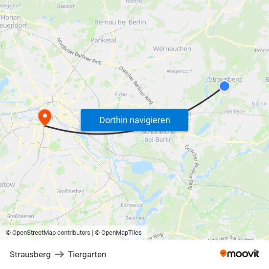 Strausberg to Tiergarten map