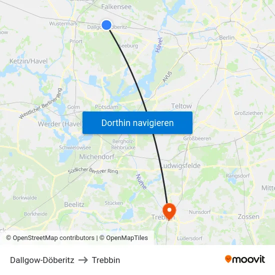 Dallgow-Döberitz to Trebbin map
