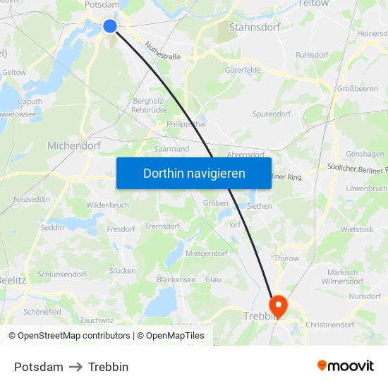 Potsdam to Trebbin map