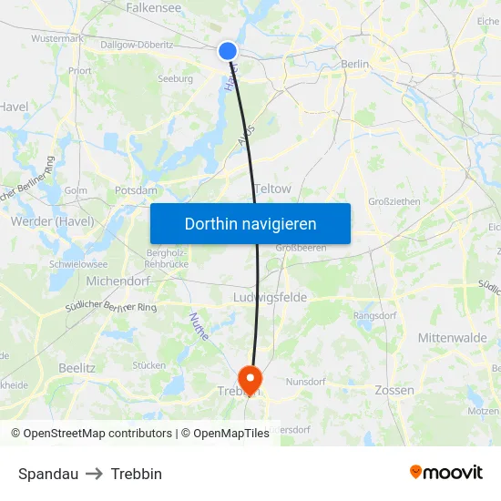 Spandau to Trebbin map