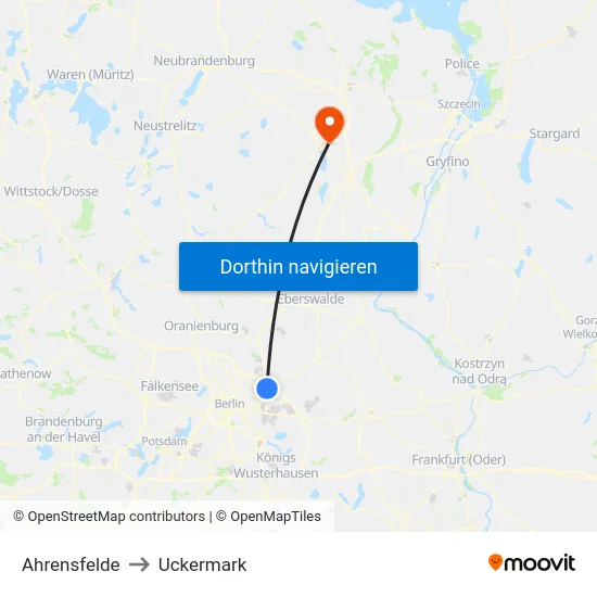 Ahrensfelde to Uckermark map